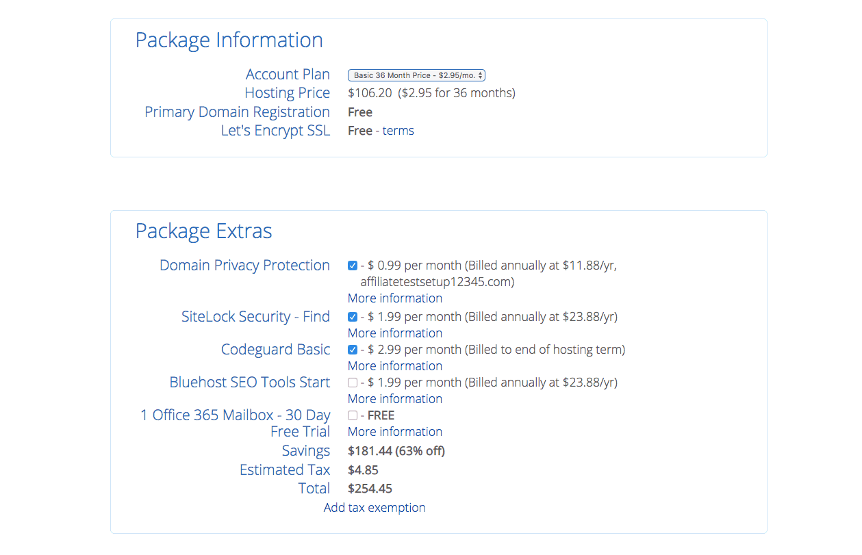 Bluehost Package and Options